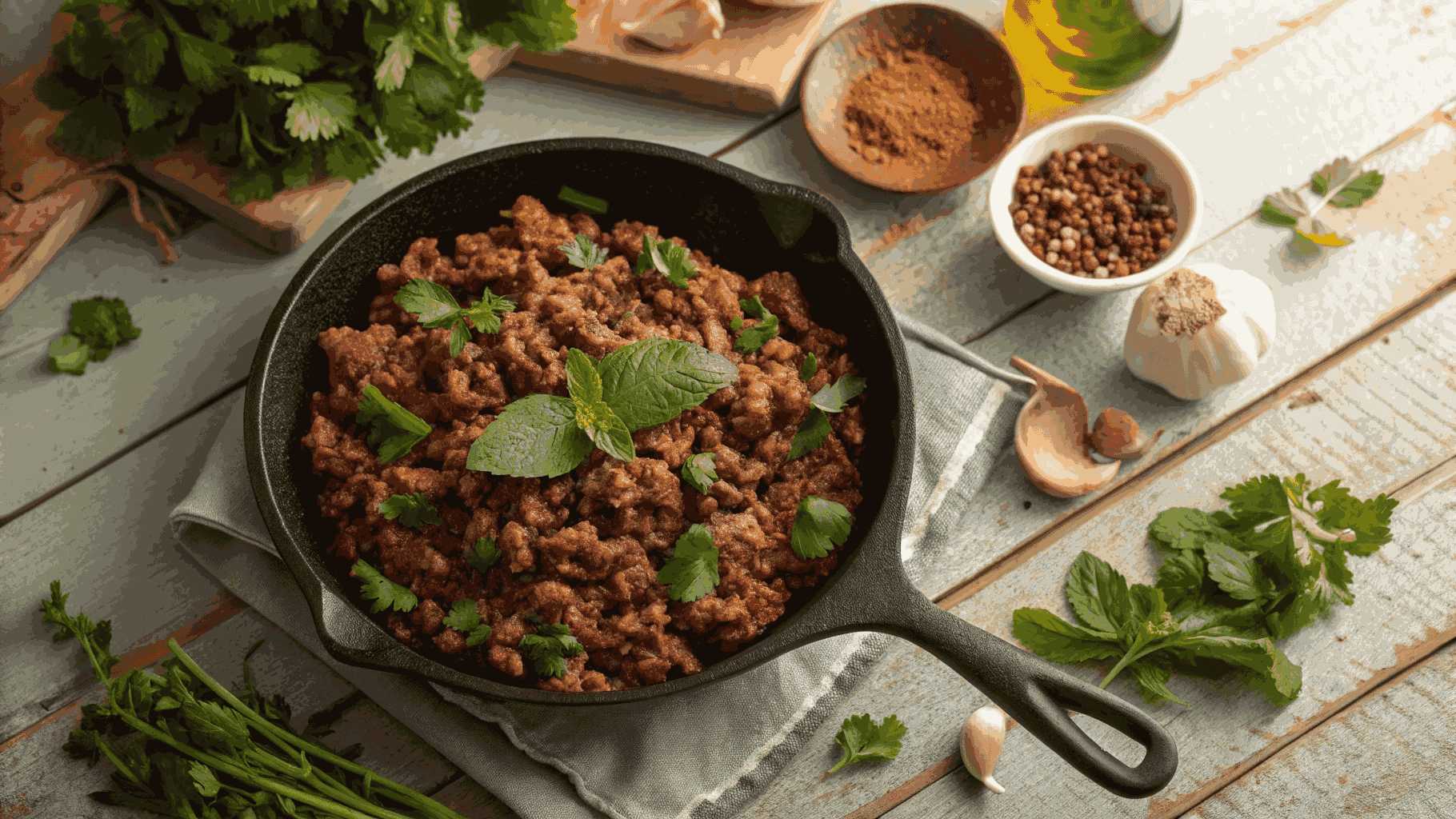 Juicy ground lamb meat cooking in a skillet with herbs